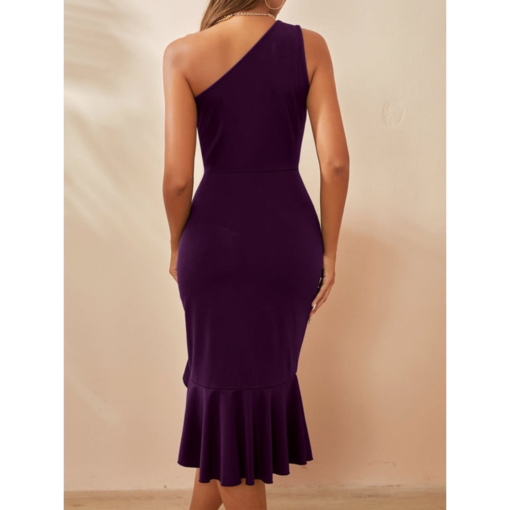 120. LARGE NEW YOESEE Women One Shoulder Sleeveless Bodycon Dress Side Split Ruf - Picture 5 of 6